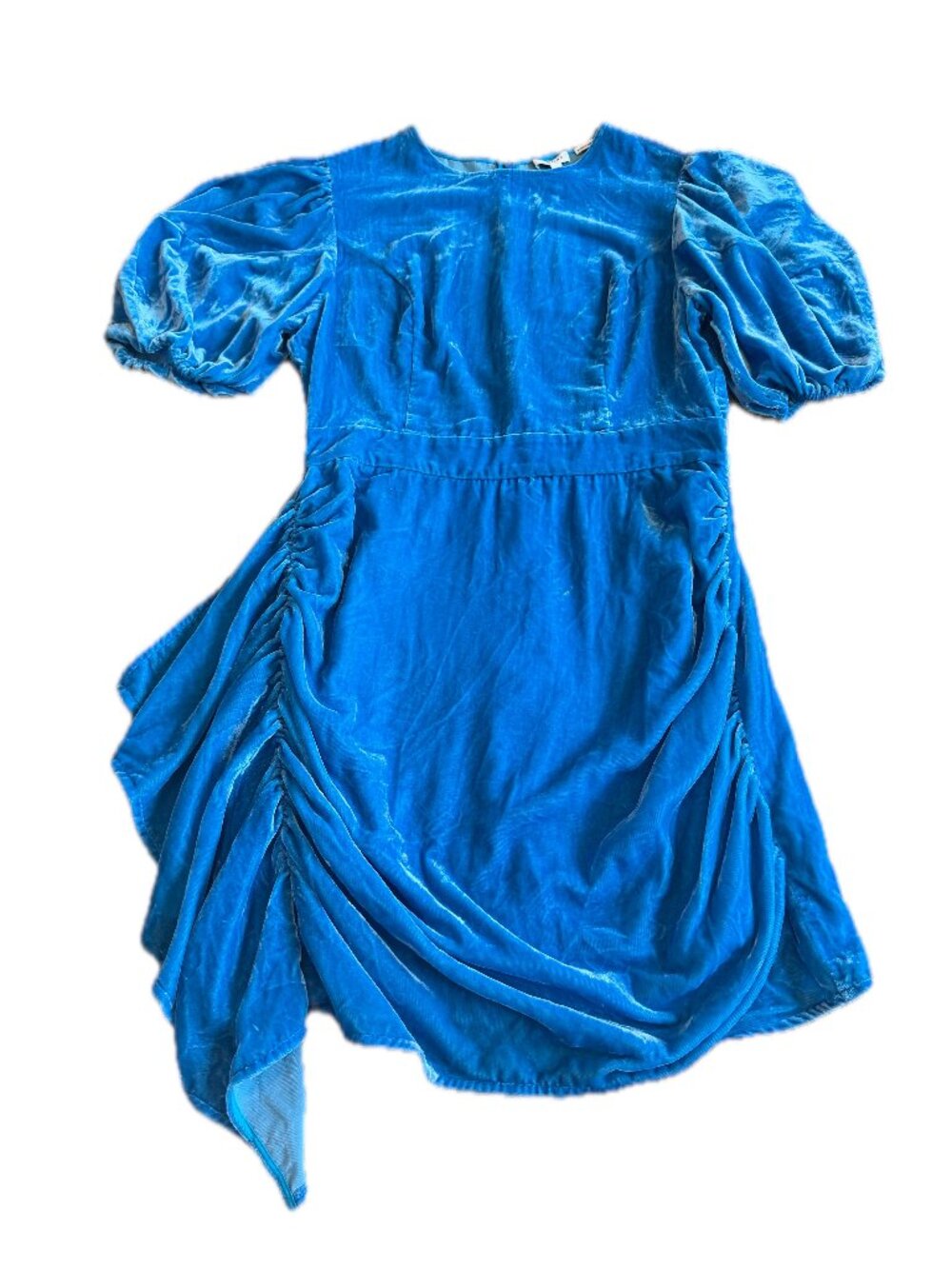 Rhode Pia Sapphire Blue Velvet Puff Sleeve Mini Dress Ruched Large Women's NWT
